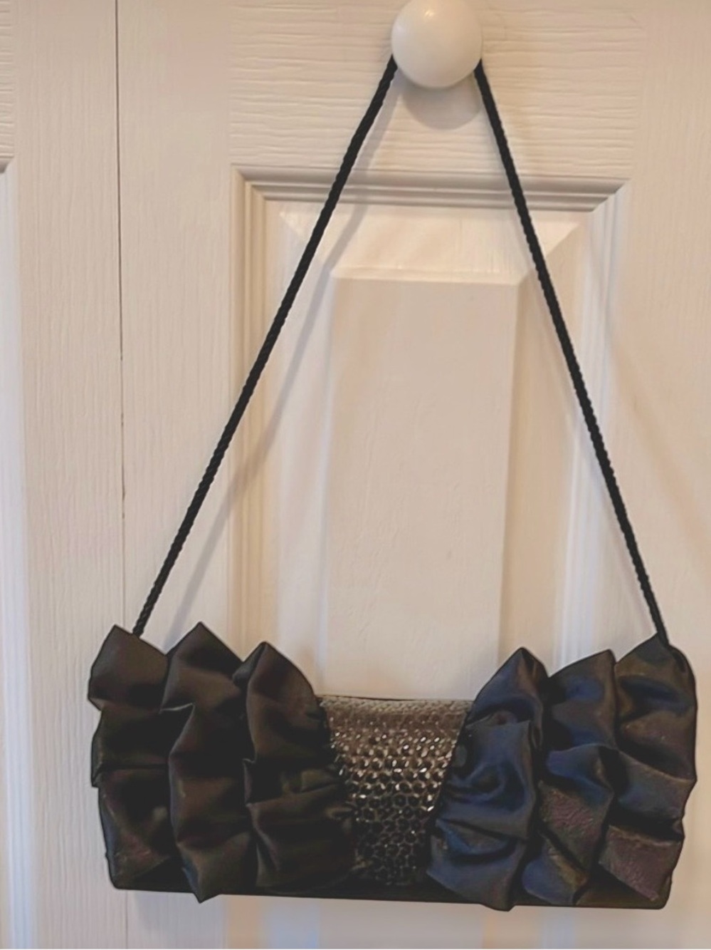 Jessica McClintock Black Satin Ruffle Evening Bag | Clutch or Shoulder Purse